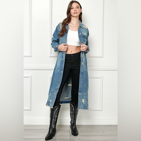 609. Distressed Denim Long Jacket in Light Wash - Picture 4 of 7